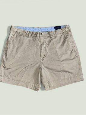 Polo Ralph Lauren Khaki Twill Stretch Flat Front Chino Shorts Size 36 Preppy